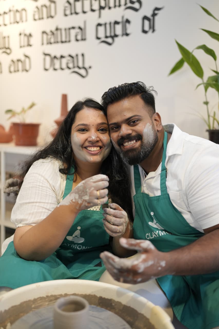 Joyful moment at the pottery studio